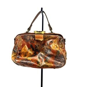 Patricia Nash Floral Leather Doctor Bag Satchel Brown Hand Painted Vintage Style